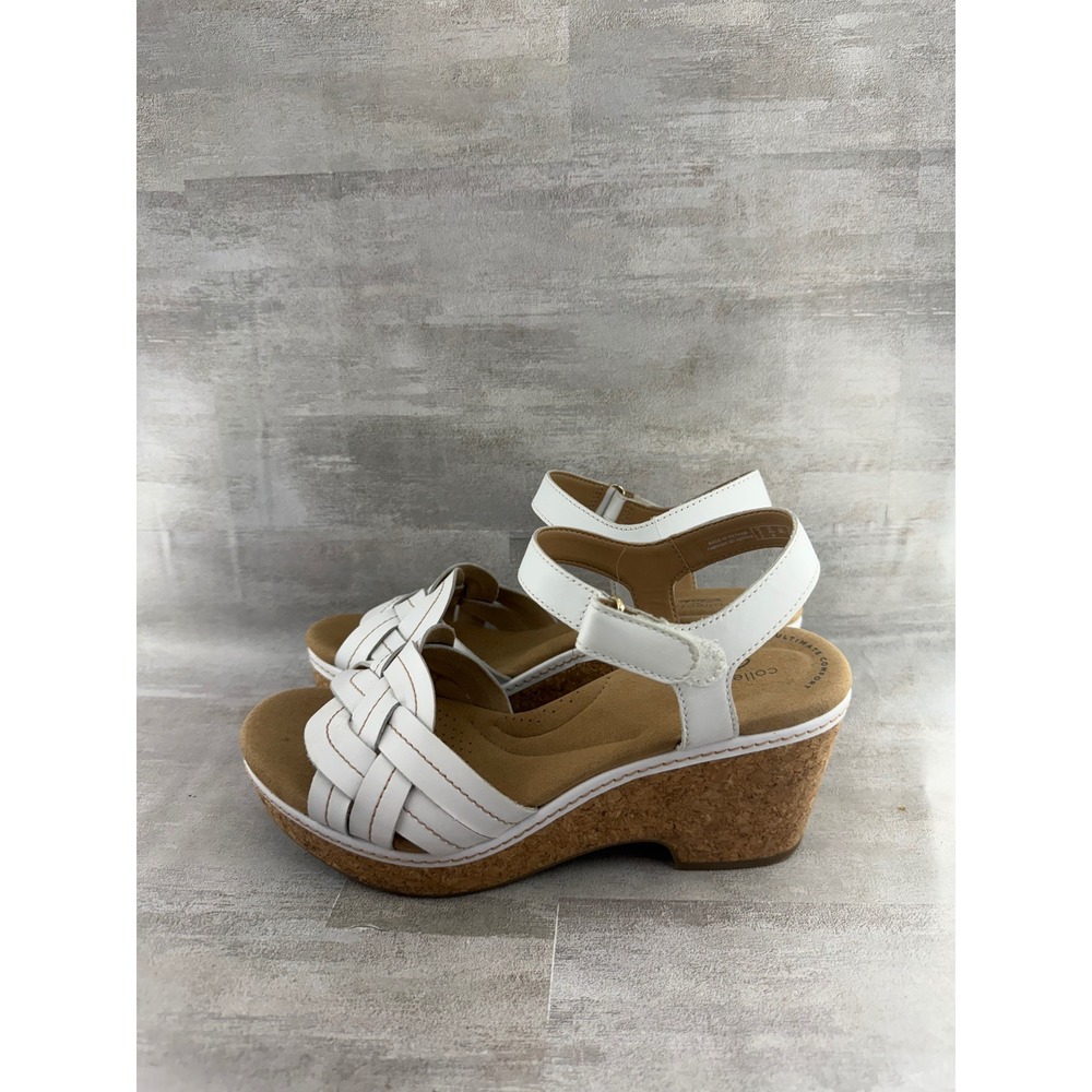 Clarks Collection White Leather Braided Wedge Sandals 261582084060 Women Sz 8.5M - Picture 3 of 11
